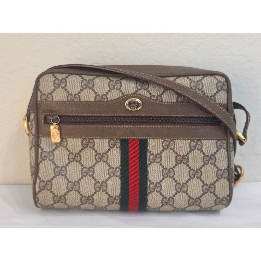 Gucci GG Supreme Web Stripe Crossbody Bag Beige Brown Italy Ophidia Vintage - Picture 2 of 15